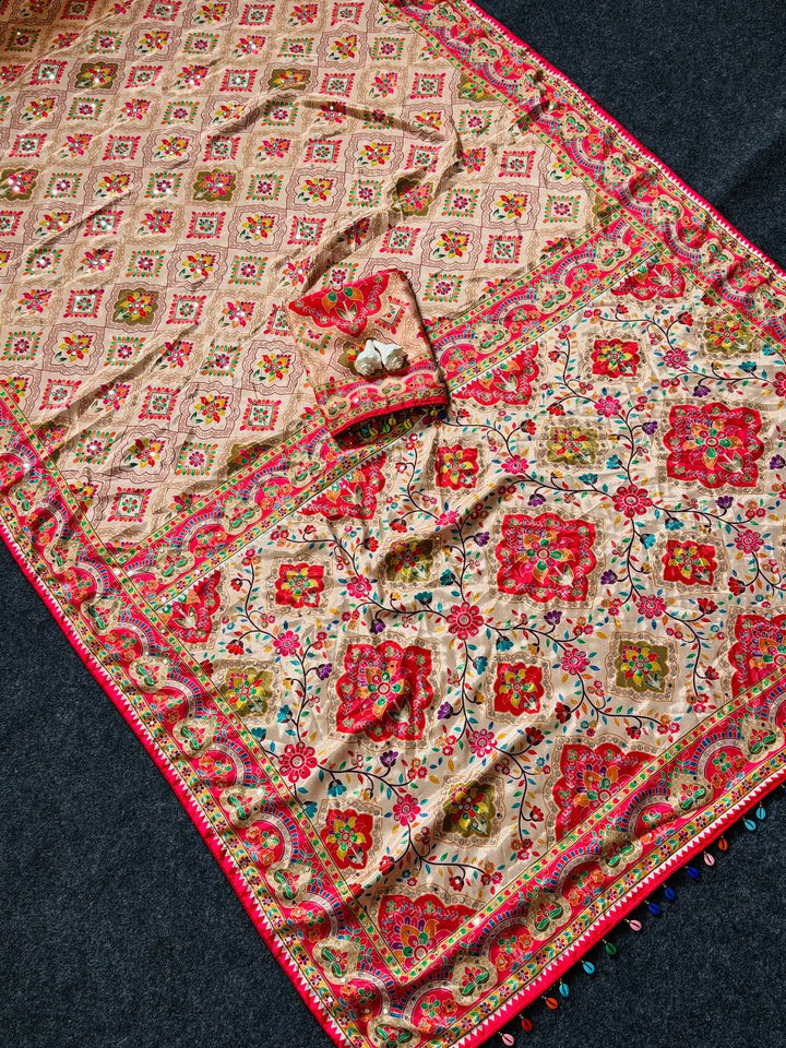 Beige Ethnic Saree with Vibrant Ajarakh Print & Real Mirrors