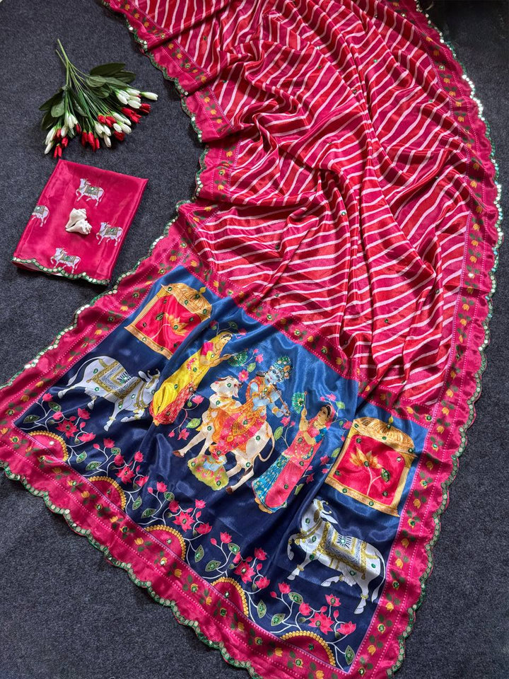 Red Leheriya Chinon Saree with Gopi Kana Print & Rich Mirror Work