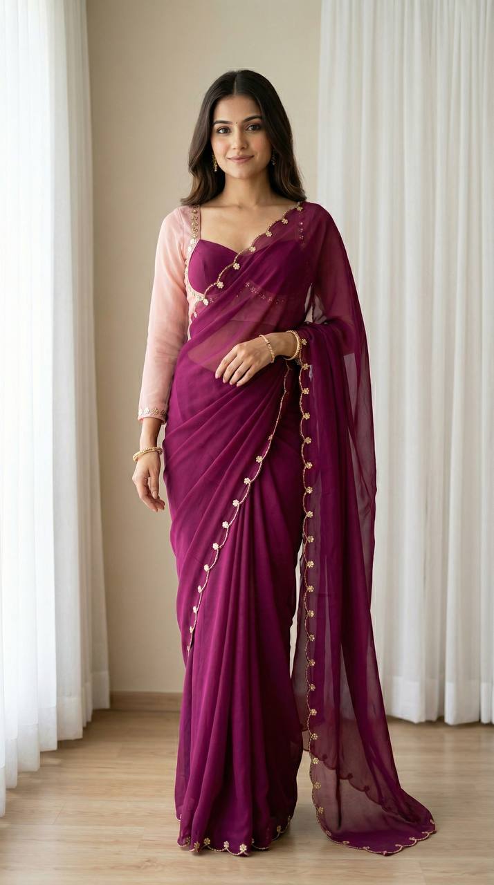 Sabyasachi Inspired Wine Purple Faux Georgette Saree with Madhubala Designer Blouse