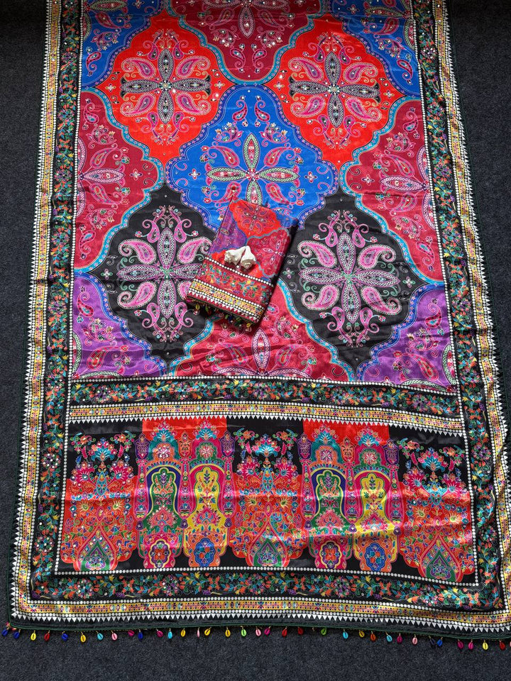 Vibrant Paisley Print Saree with Real Mirror Work