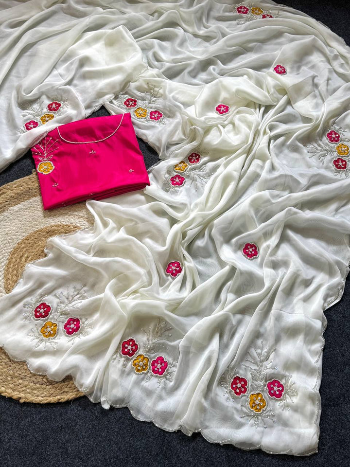 Elegant White Soft Rangoli Saree with Handwork Khatali Butta & Cutdana Sequence Border with Heavy Jalpari Designer Blouse