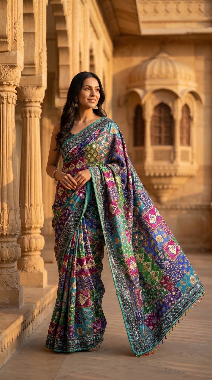 Soft Satin Ajrakh Print Saree with Real Mirror Work & Fancy Moti Latkan Pallu