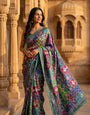 Soft Satin Ajrakh Print Saree with Real Mirror Work & Fancy Moti Latkan Pallu