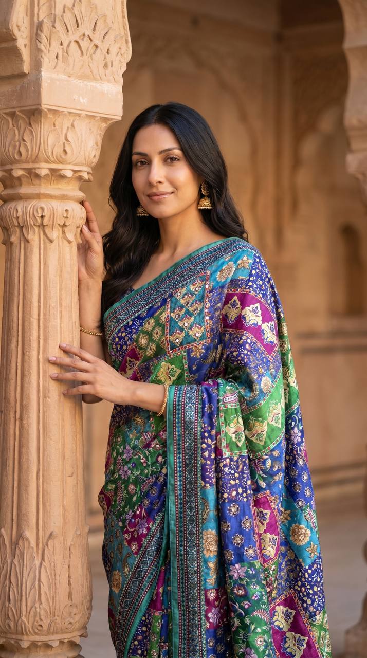 Soft Satin Ajrakh Print Saree with Real Mirror Work & Fancy Moti Latkan Pallu