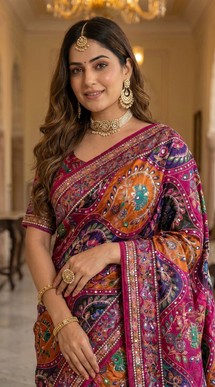 Women's Multicolor Soft Satin Digital Print Saree with Ethnic