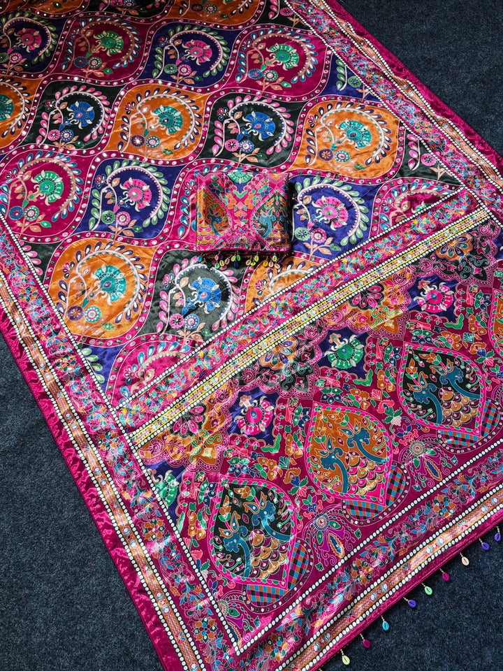 Women's Multicolor Soft Satin Digital Print Saree with Ethnic Paisley Design & Fancy Latkan Pallu