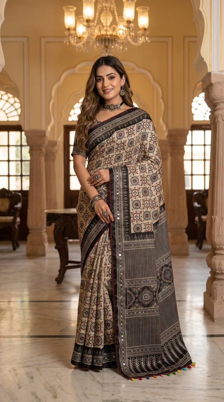 Beige Ajrakh Print Satin Saree with Mirror Work