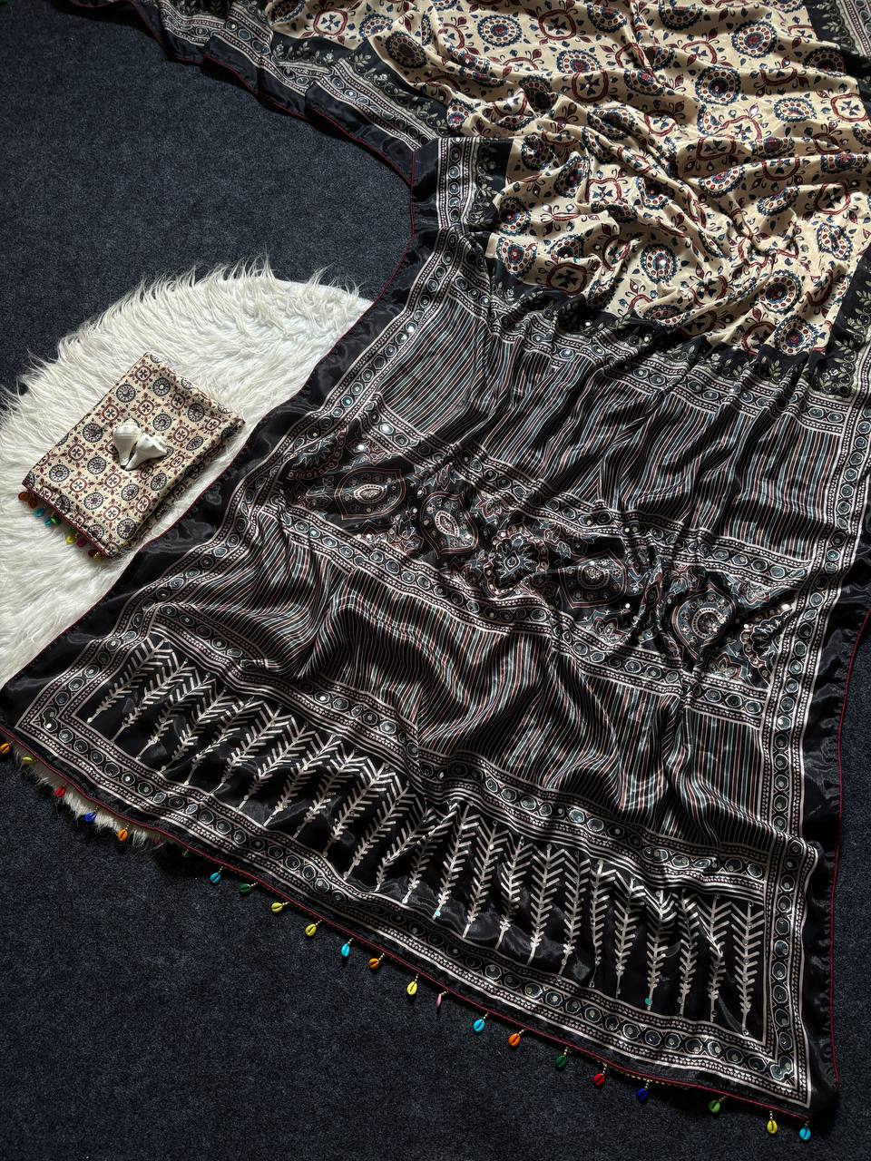 Beige Ajrakh Print Satin Saree with Mirror Work