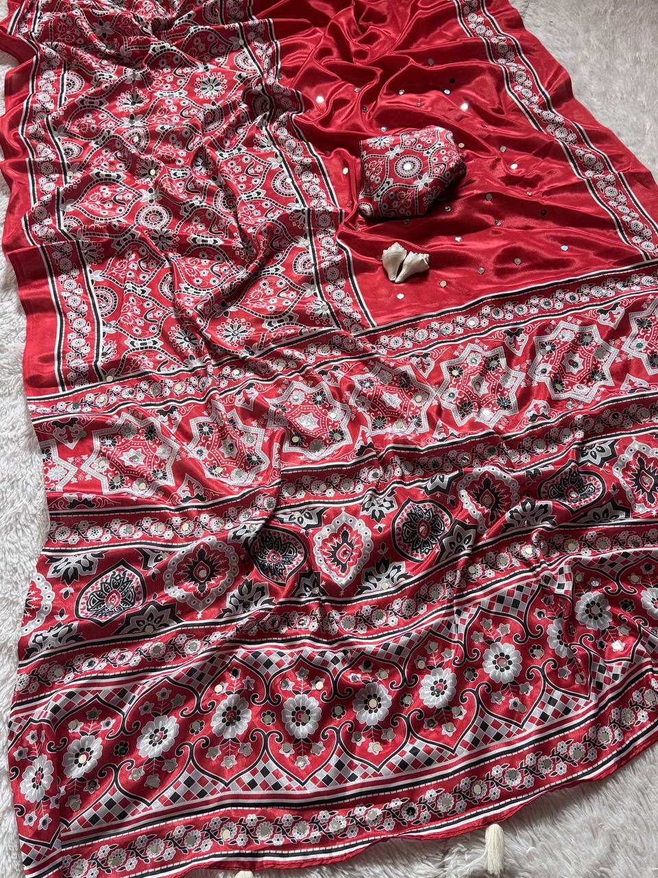 Radiant Red Semi Model Silk Saree with Ajrakh Print & Real Mirror Work