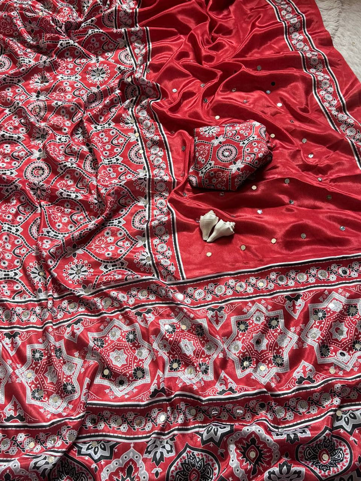 Radiant Red Semi Model Silk Saree with Ajrakh Print & Real Mirror Work