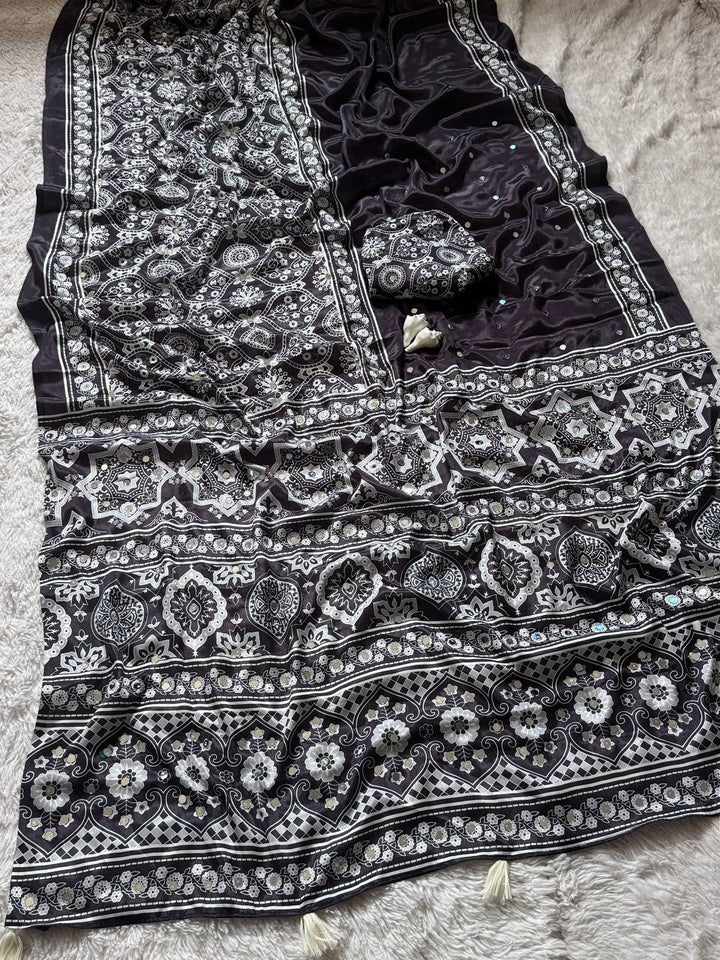 Classic Black Semi Model Silk Saree with Ajrakh Print & Real Mirror Work