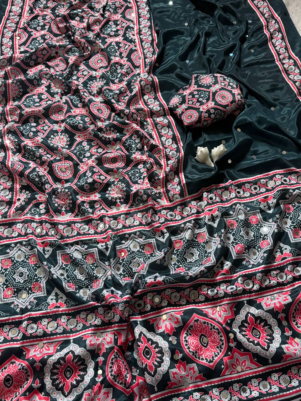 Elegant Forest Green Semi Model Silk Saree with Ajrakh Print & Real Mirror Work