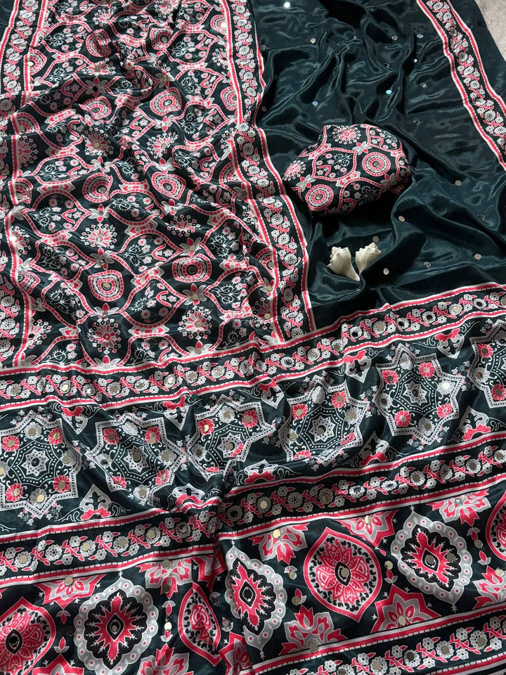 Elegant Forest Green Semi Model Silk Saree with Ajrakh Print & Real Mirror Work