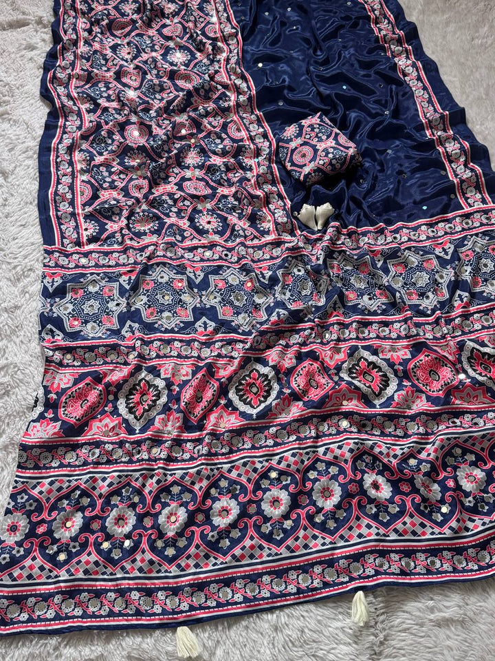 Elegant Navy Blue Semi Model Silk Saree with Ajrakh Print & Real Mirror Work