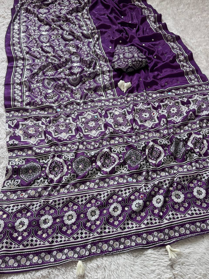 Royal Purple Semi Model Silk Saree with Ajrakh Print & Real Mirror Work