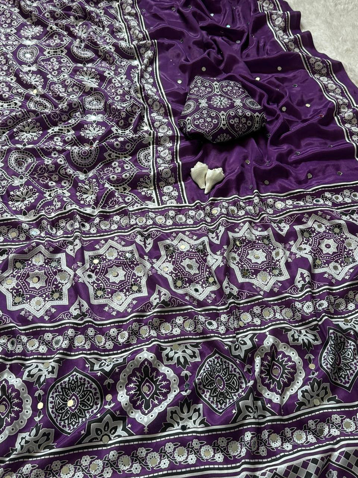 Royal Purple Semi Model Silk Saree with Ajrakh Print & Real Mirror Work