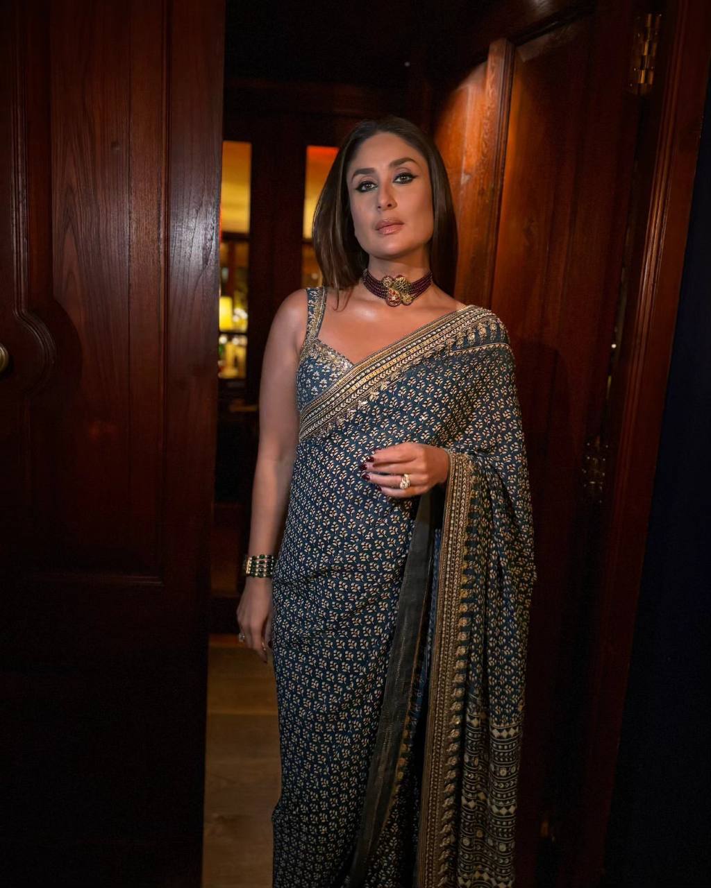 Traditional Navy Ajrakh Saree with Contemporary Mirror Detailing