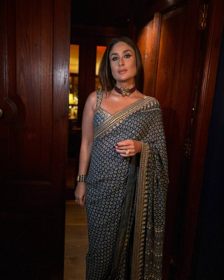 Traditional Navy Ajrakh Saree with Contemporary Mirror Detailing