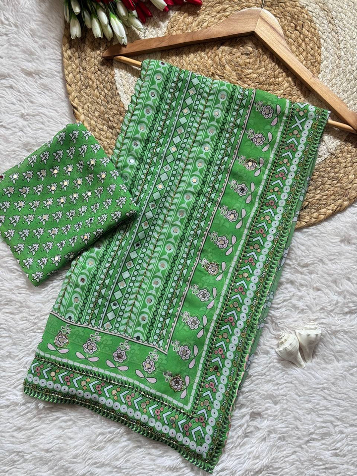 Designer Green  Saree with Mirror Work & Ajrakh Print
