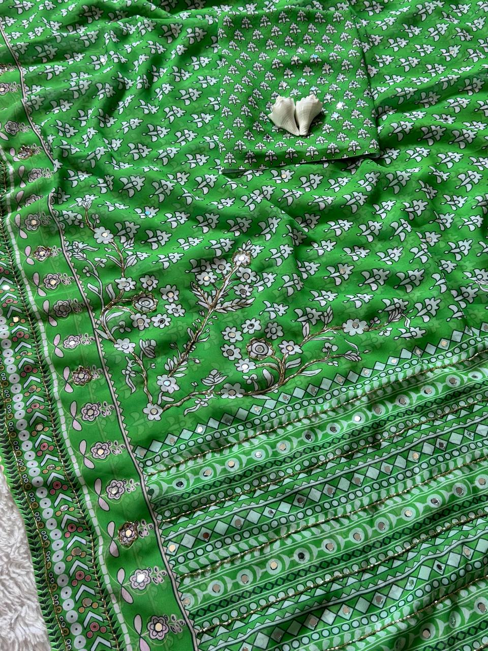 Designer Green  Saree with Mirror Work & Ajrakh Print