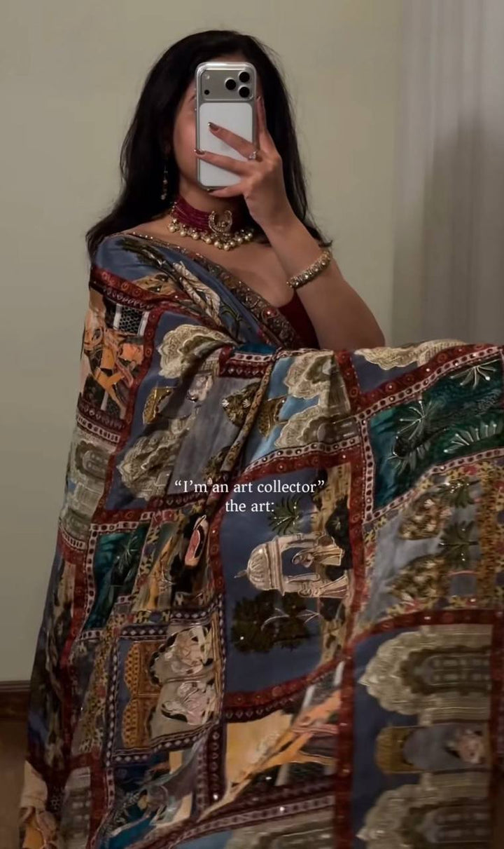 Royal Poster Rajwadi Print Soft Roman Silk Saree with Real Mirror Work & Fandu Kodi Latkan
