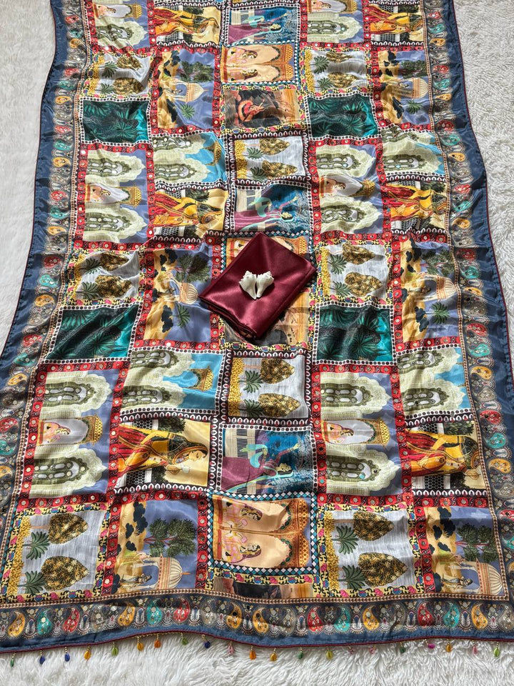 Royal Poster Rajwadi Print Soft Roman Silk Saree with Real Mirror Work & Fandu Kodi Latkan