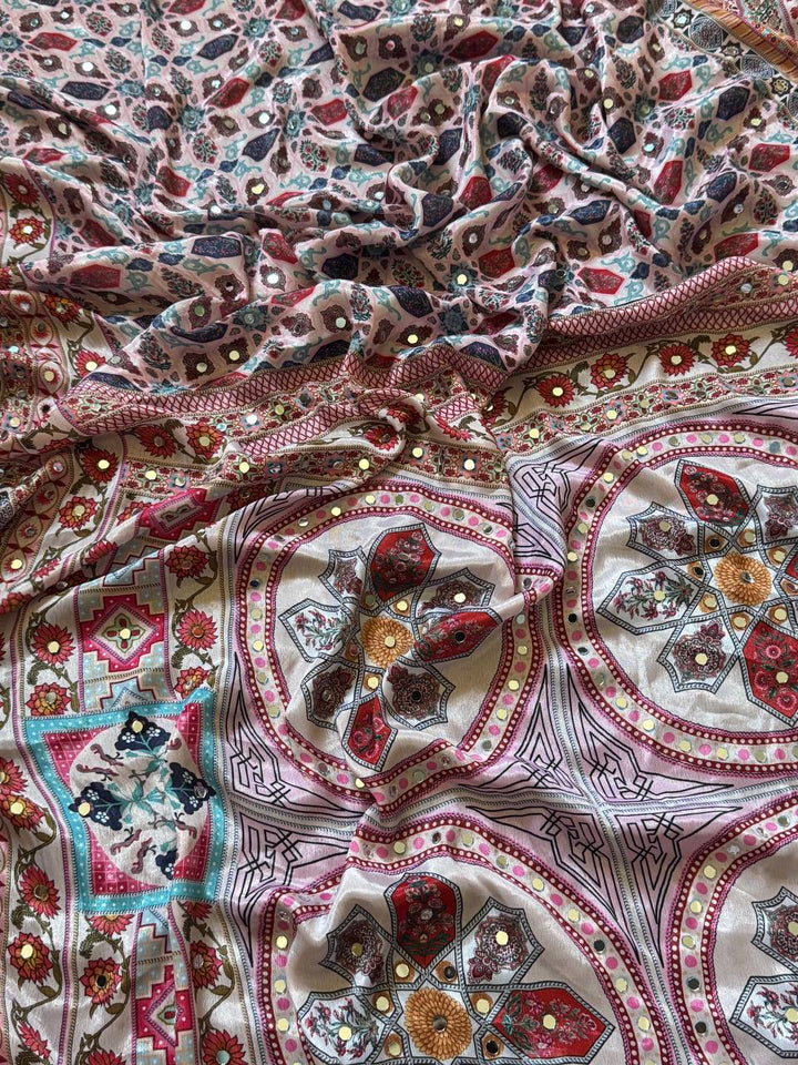 Rose Gold Roman Silk Digital Print Saree with Real Mirror Work & Kodi Latkan