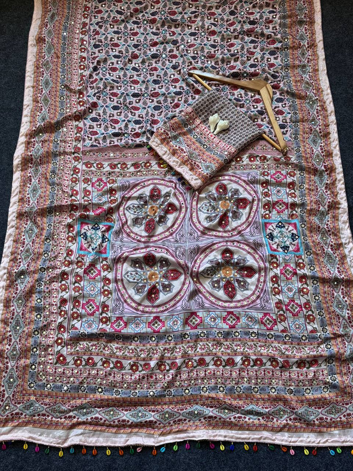Rose Gold Roman Silk Digital Print Saree with Real Mirror Work & Kodi Latkan