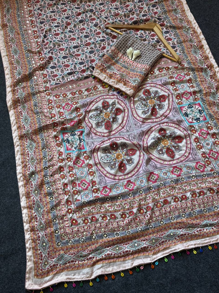 Rose Gold Roman Silk Digital Print Saree with Real Mirror Work & Kodi Latkan