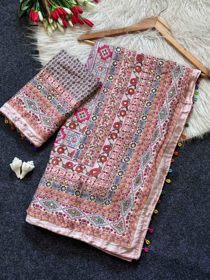 Rose Gold Roman Silk Digital Print Saree with Real Mirror Work & Kodi Latkan