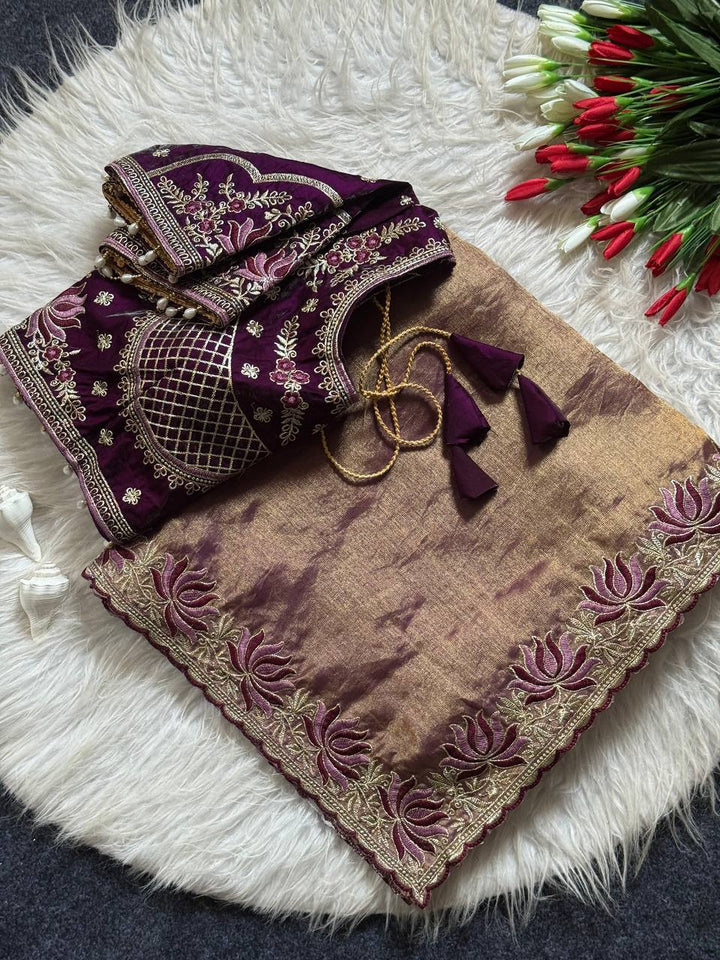 Wine Purple Soft Fandy Satin Designer Saree with Lotus Embroidery Readymade Blouse