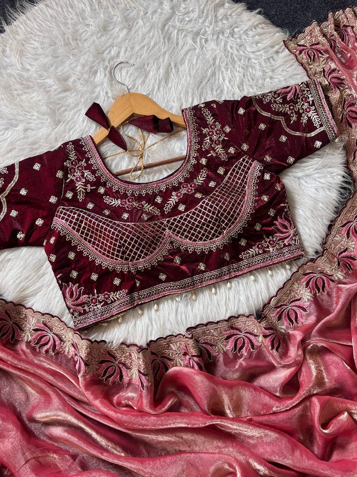 Dusty Rose Soft Fandy Satin Designer Saree with Lotus Embroidery Readymade Blouse