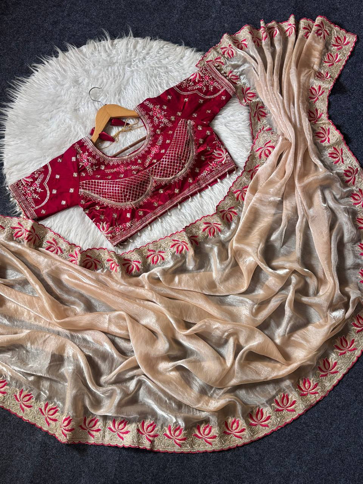 Champagne Gold Soft Fandy Satin Designer Saree with Lotus Embroidery Readymade Blouse