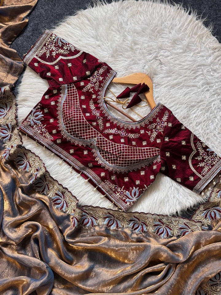 Royal Jamuni Soft Fandy Satin Designer Saree with Lotus Embroidery Readymade Blouse
