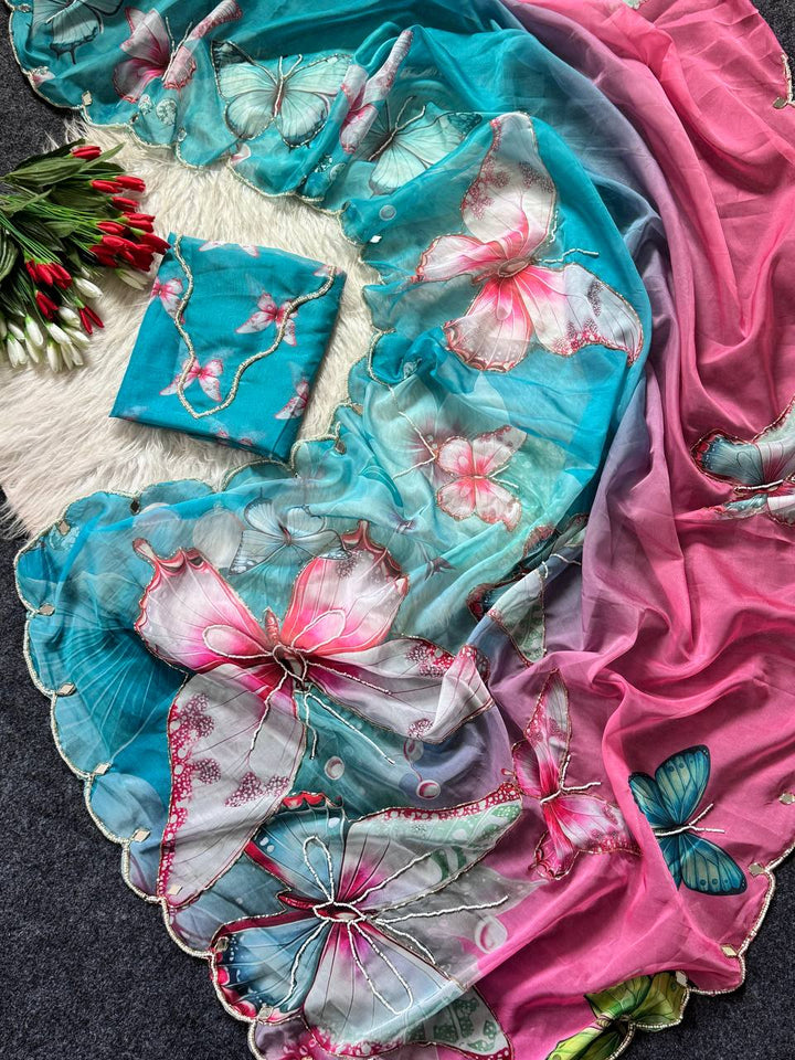 Pastel Dream Butterfly Soft Tabby Saree with 3D Digital Print & Khatali Handwork