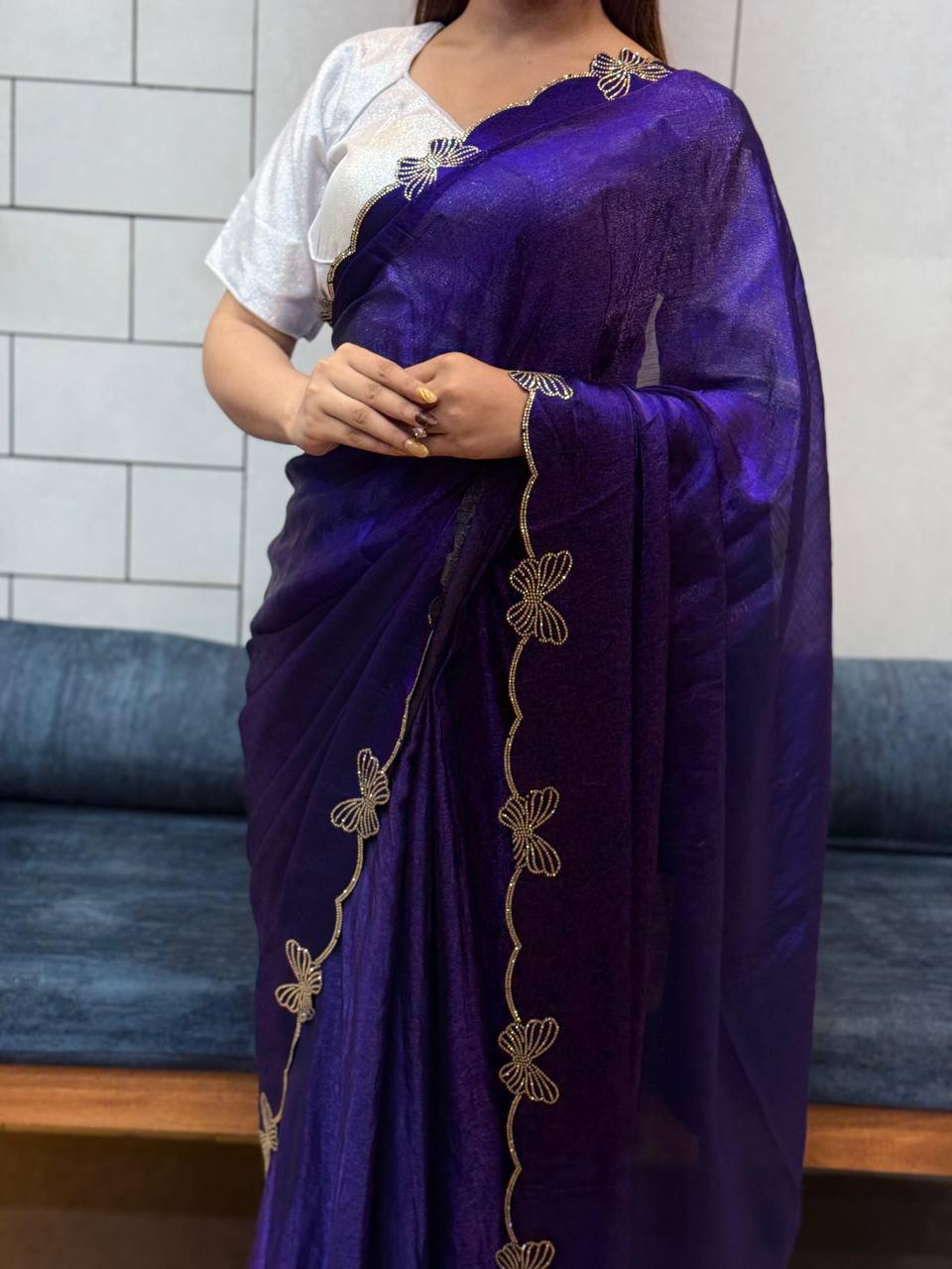 *PURPLE BUTTERFLY 🦋 CUT DANA DIAMOND 💎 PANEL WORK SAREE*