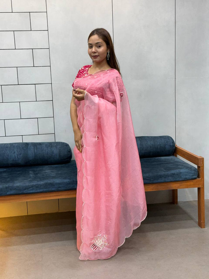 Blush Pink Embroidered Saree with Rani Bandhani Blouse | Elegant Festive Wear