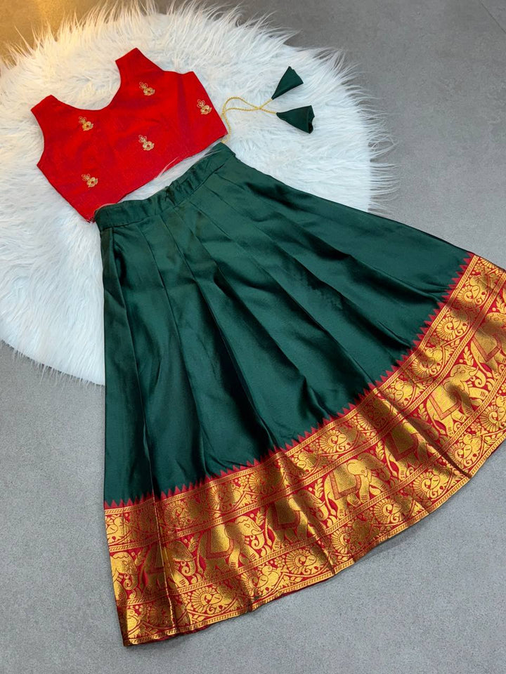 Green and Red Pattu Pavadai for Kids – Traditional Silk Skirt and Top for Girls