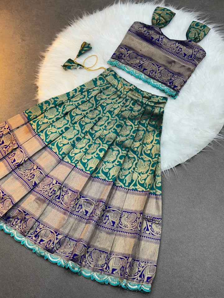 Kids Traditional Parrot Green & Royal Blue Banarasi Lehenga Choli with Gold Zari Work