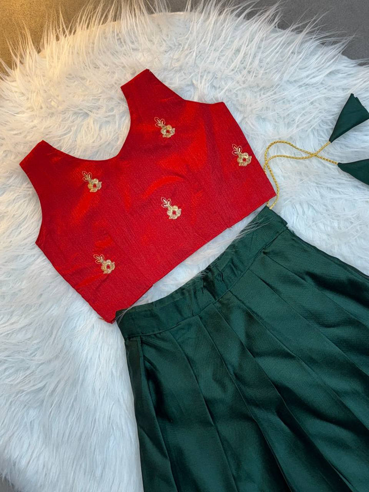 Green and Red Pattu Pavadai for Kids – Traditional Silk Skirt and Top for Girls