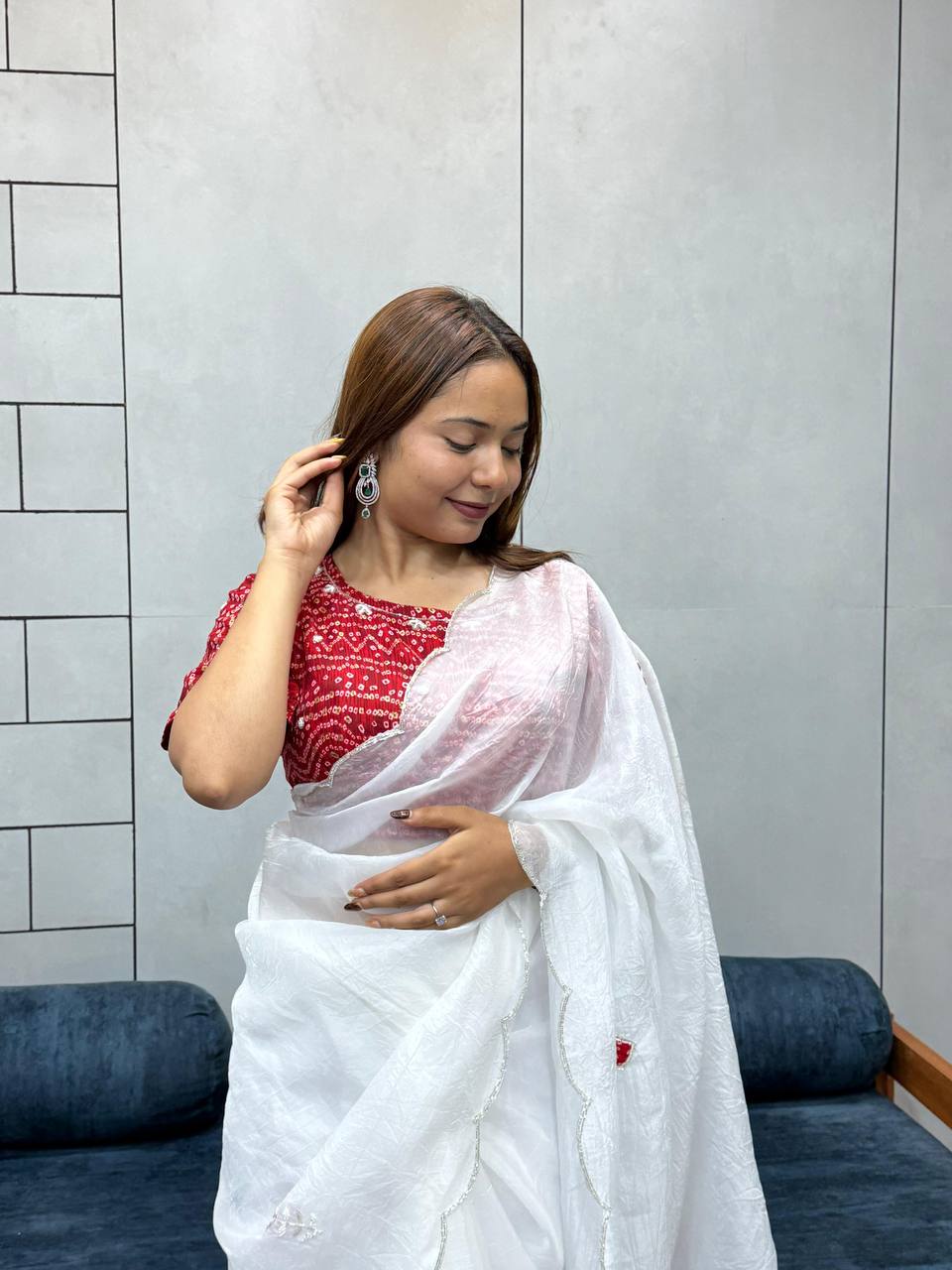 Elegant White Embroidered Saree with Red Bandhej Blouse | Classy Ethnic & Festive Wear