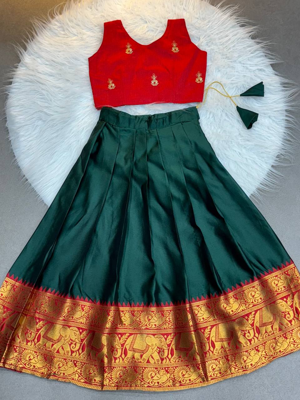 Green and Red Pattu Pavadai for Kids – Traditional Silk Skirt and Top for Girls