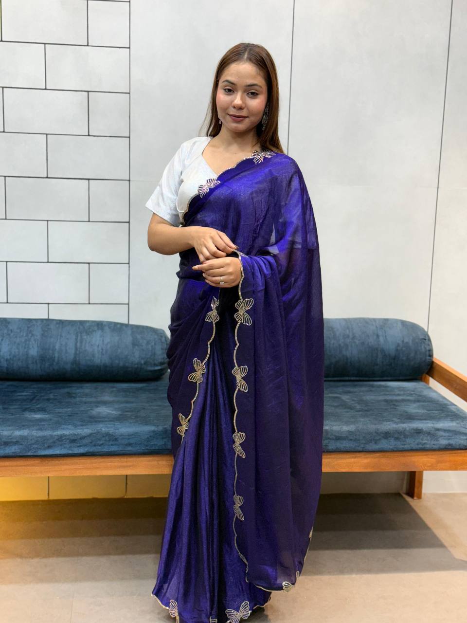 *PURPLE BUTTERFLY 🦋 CUT DANA DIAMOND 💎 PANEL WORK SAREE*