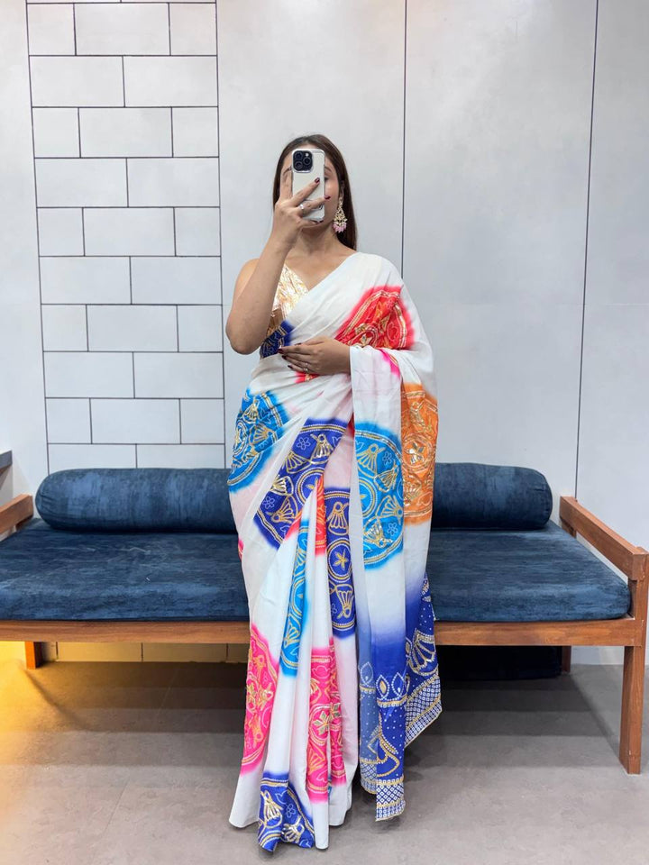 Exclusive Bandhej Print Gaji Silk Saree with All Over Butta & Contrast Blouse