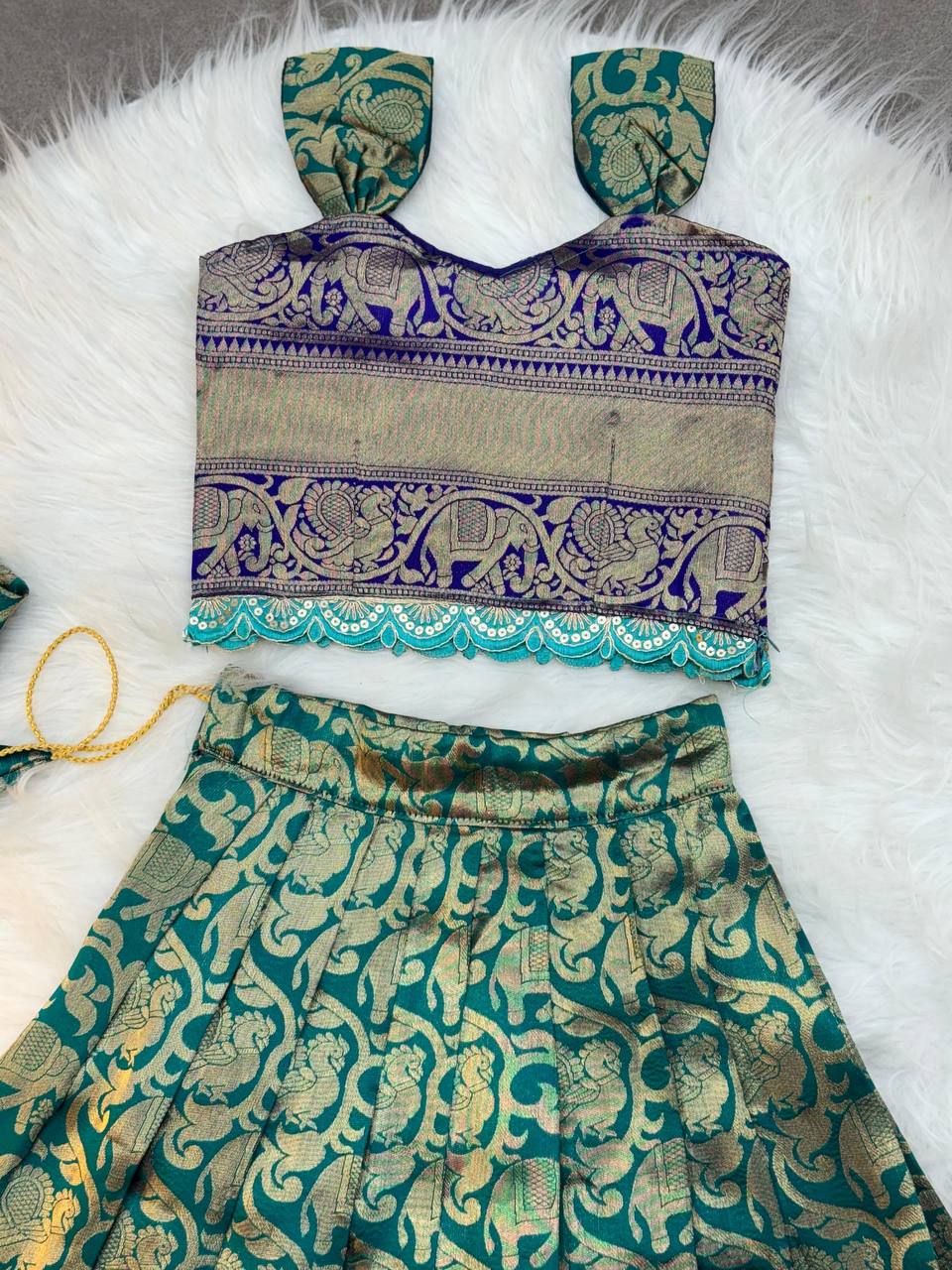 Kids Traditional Parrot Green & Royal Blue Banarasi Lehenga Choli with Gold Zari Work