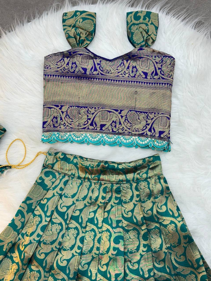 Kids Traditional Parrot Green & Royal Blue Banarasi Lehenga Choli with Gold Zari Work
