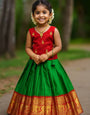 Kids' Ethnic Silk Dress – parrot Green and Red Pattu Pavadai for Festivals