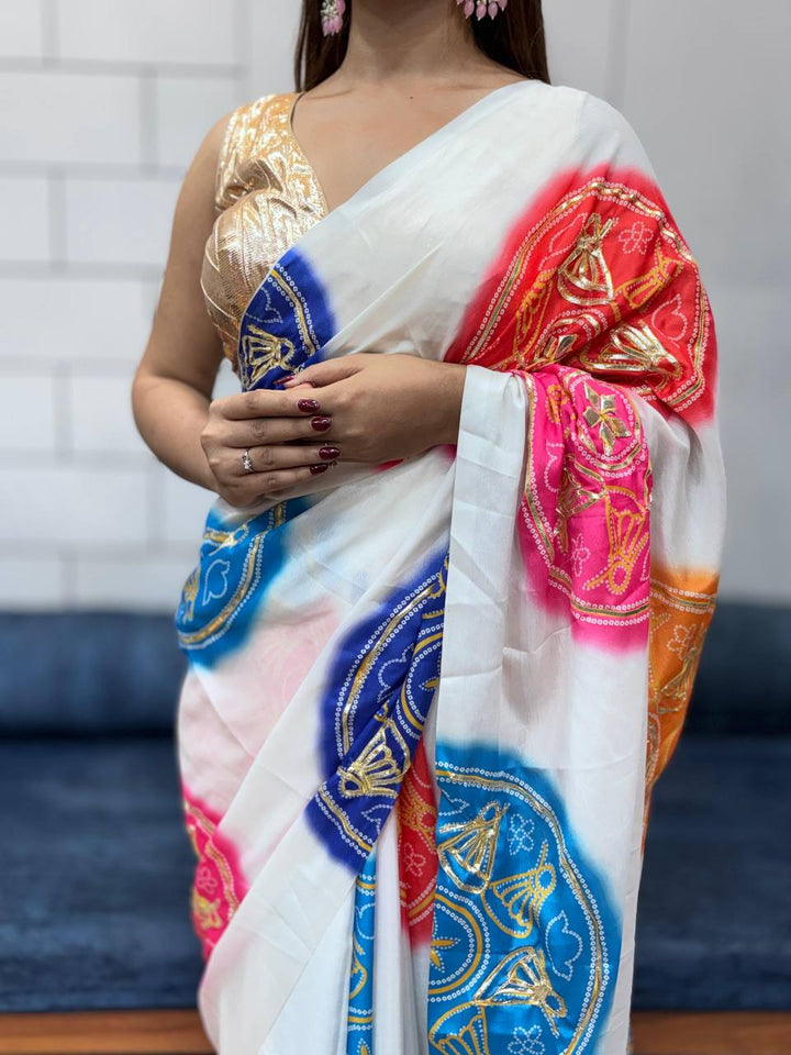 Festive Edition Bandhej Gaji Silk Saree with Gota Patti Butta and Designer Pallu