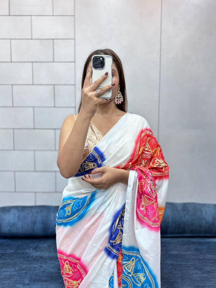 Special Edition Sawan Special Bandhej Saree in Gaji Silk with Gota Patti Handwork