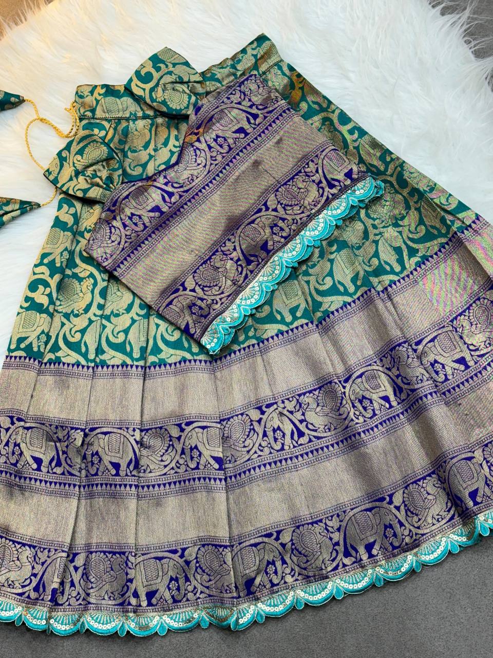 Kids Traditional Parrot Green & Royal Blue Banarasi Lehenga Choli with Gold Zari Work
